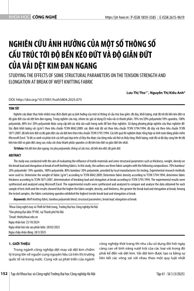 Nghiên cứu ảnh hưởng của một số thông số cấu trúc tới độ bền kéo đứt và độ giãn đứt của vải dệt kim đan ngang