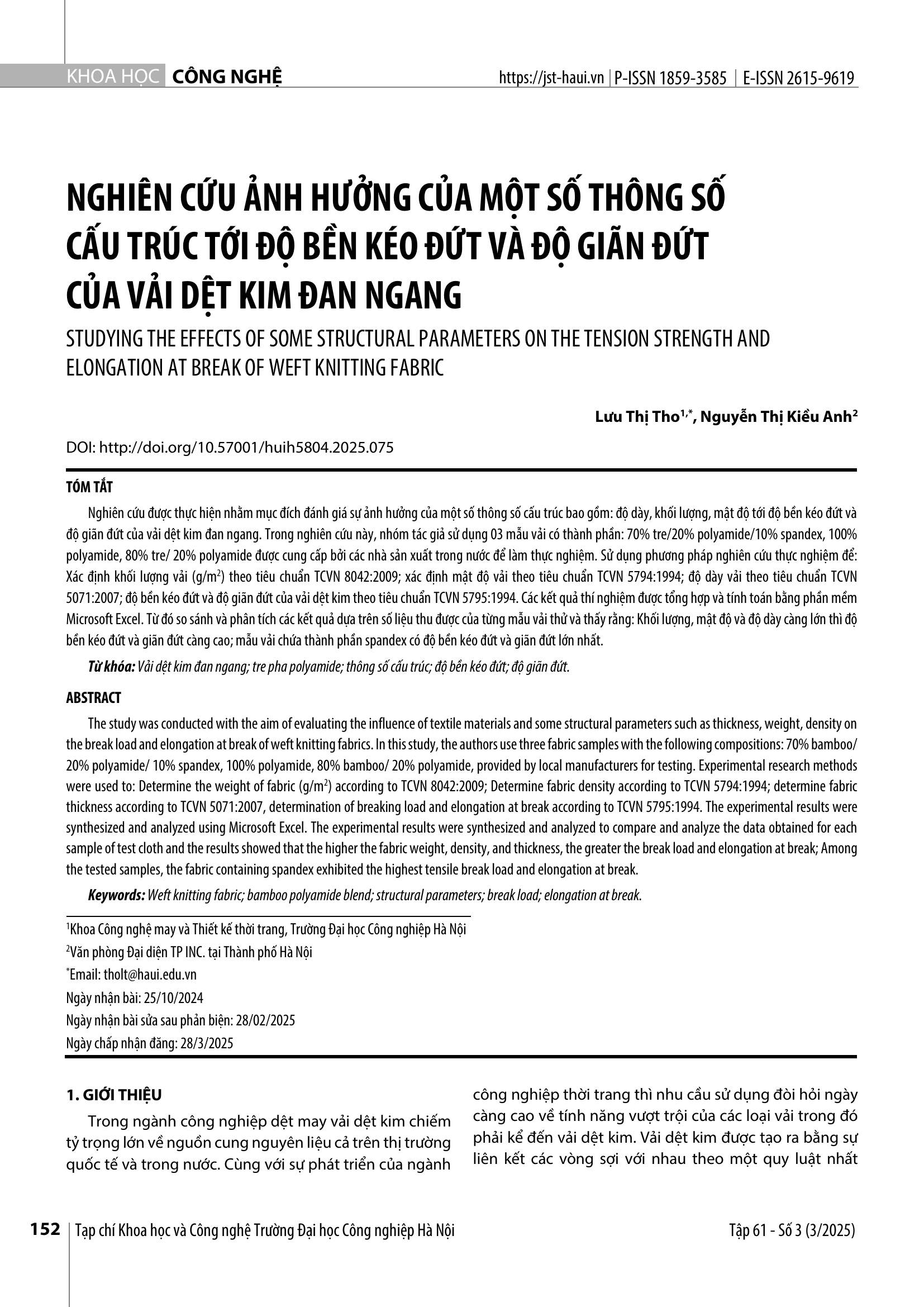 Nghiên cứu ảnh hưởng của một số thông số cấu trúc tới độ bền kéo đứt và độ giãn đứt của vải dệt kim đan ngang