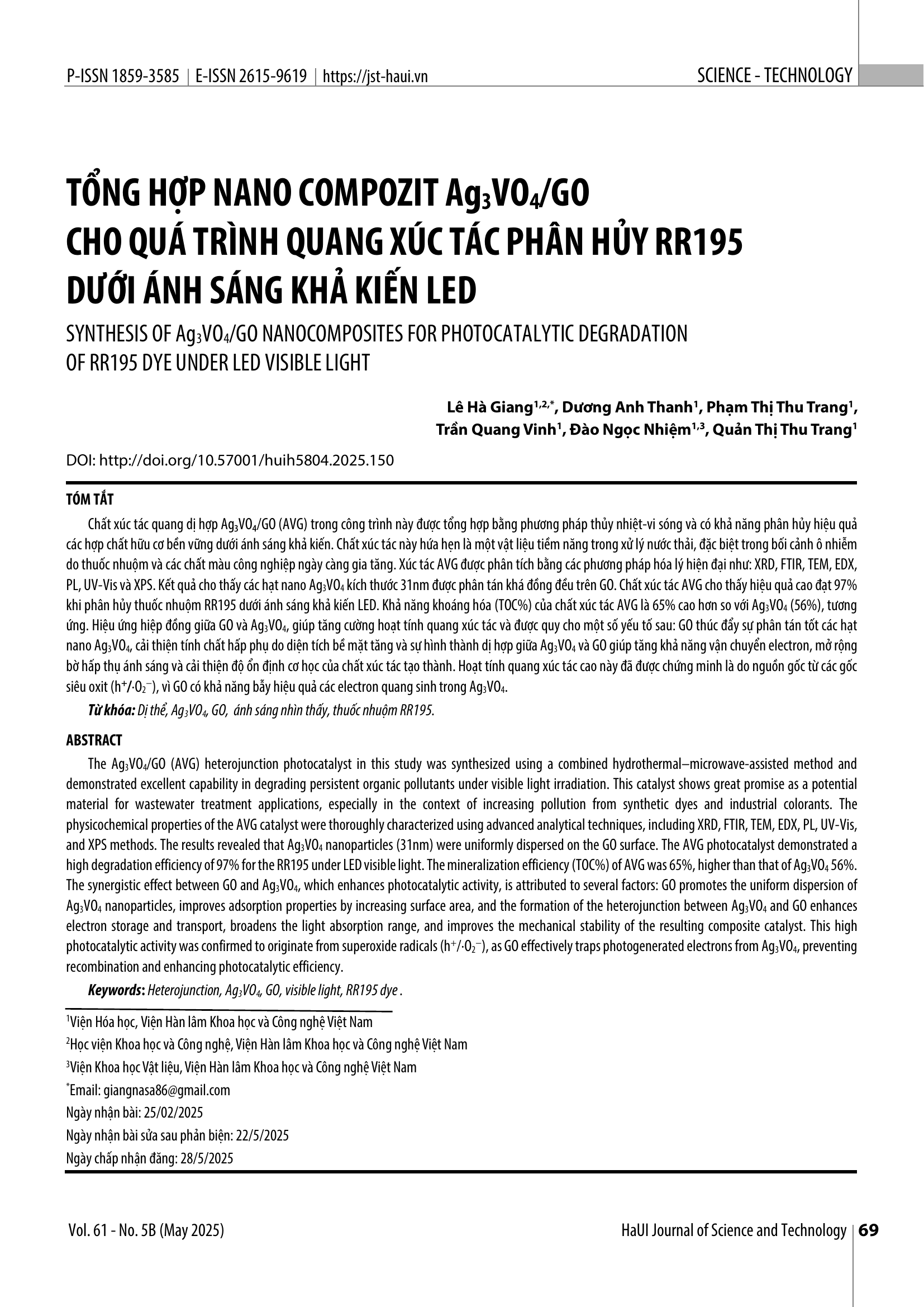 Tổng hợp nano compozit Ag₃VO₄/GO cho quá trình quang xúc tác phân hủy RR195 dưới ánh sáng khả kiến LED