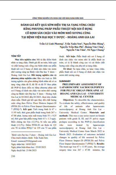 Đánh giá kết quả sớm điều trị sa tạng vùng chậu bằng phương pháp phẫu thuật nội soi ổ bụng cố định sàn chậu vào mỏm nhô xương cùng tại Bệnh viện Đại học Y dược - Hoàng Anh Gia Lai