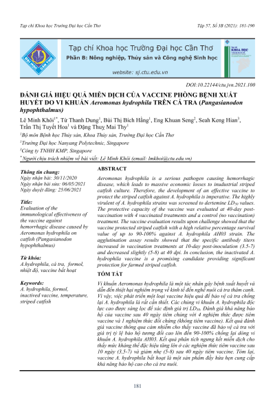 Đánh giá hiệu quả miễn dịch của vaccine phòng bệnh xuất huyết do vi khuẩn Aeromonas hydrophila trên cá tra (Pangasianodon hypophthalmus)