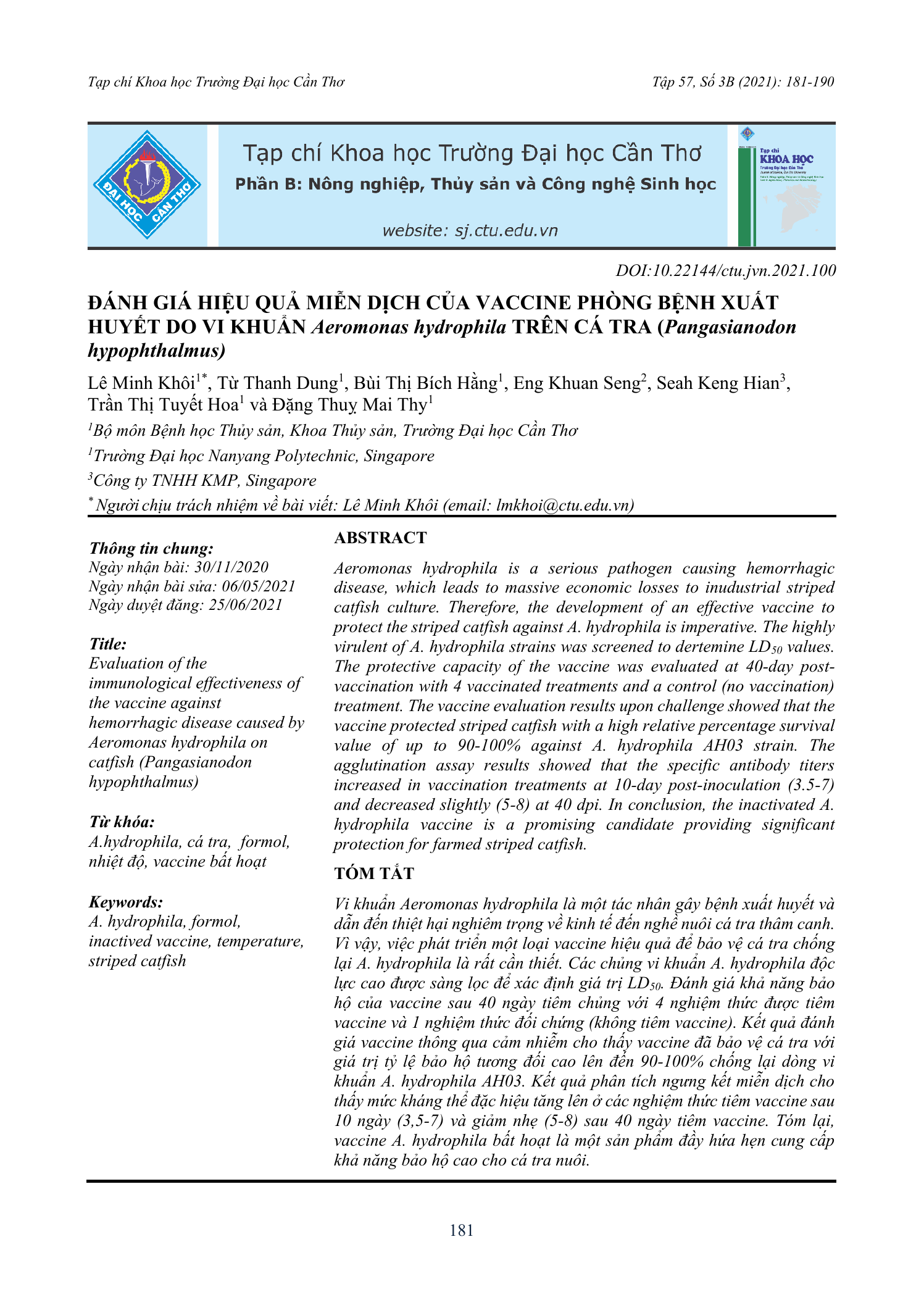 Đánh giá hiệu quả miễn dịch của vaccine phòng bệnh xuất huyết do vi khuẩn Aeromonas hydrophila trên cá tra (Pangasianodon hypophthalmus)