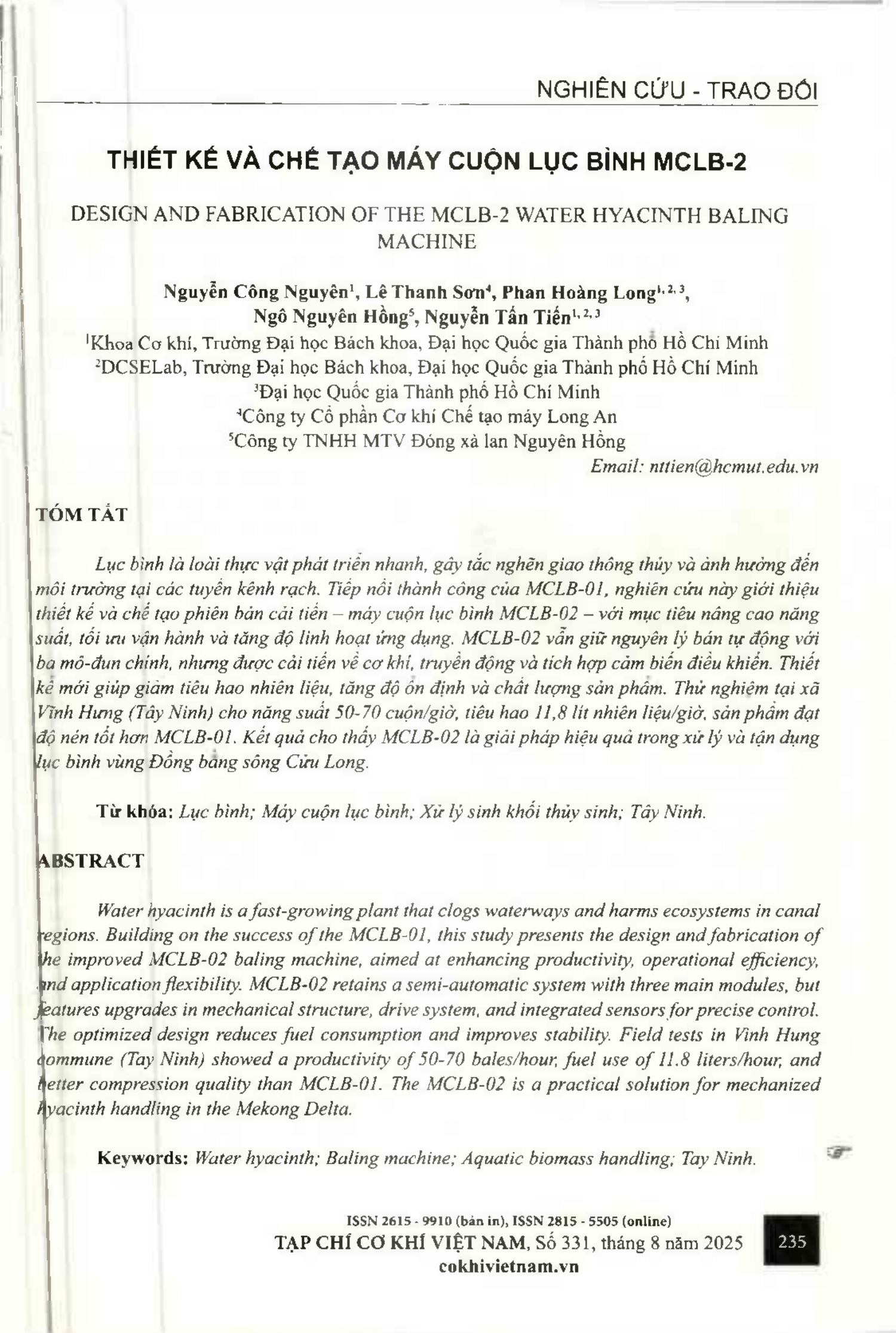 Thiết kế và chế tạo máy cuộn lục bình MCLB-2