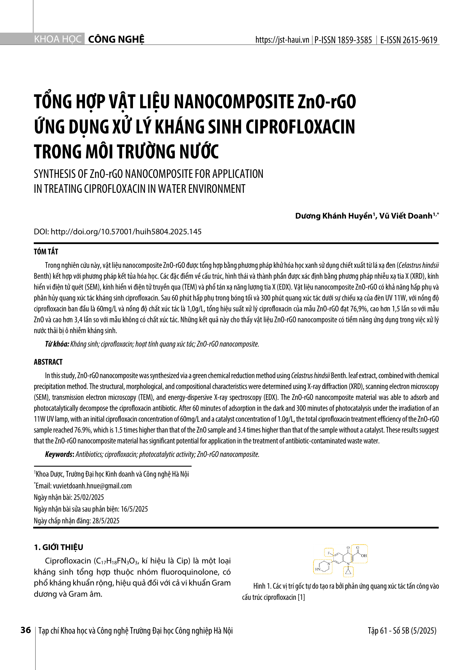 Tổng hợp vật liệu nanocomposite ZnO-rGO ứng dụng xử lý kháng sinh ciprofloxacin trong môi trường nước
