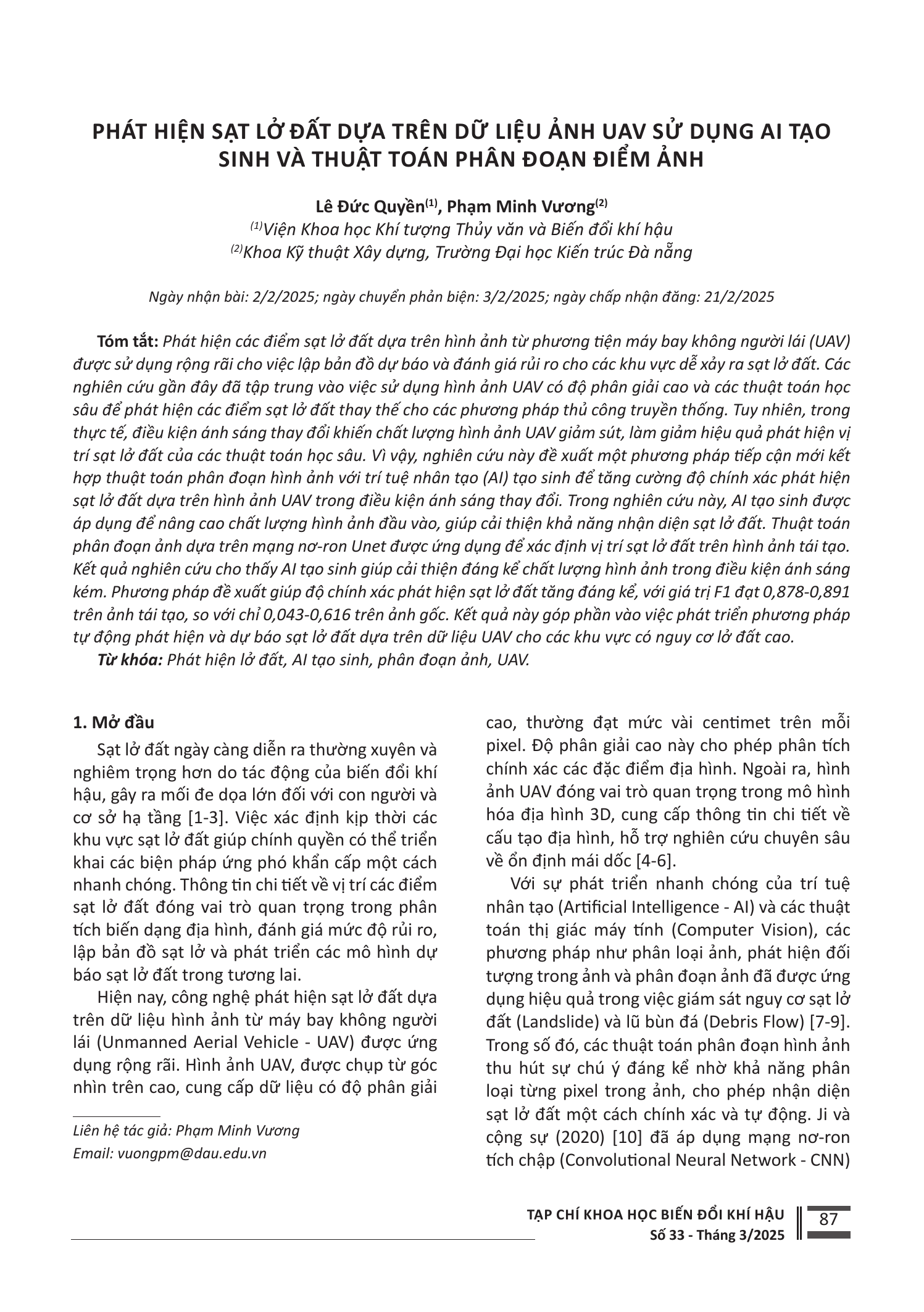 Phát hiện sạt lở đất dựa trên dữ liệu ảnh UAV sử dụng AI tạo sinh và thuật toán phân đoạn điểm ảnh