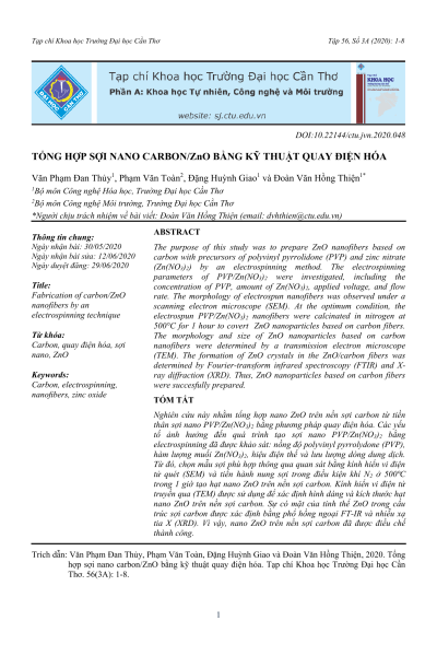 Tổng hợp sợi nano carbon/ZnO bằng kỹ thuật quay điện hóa