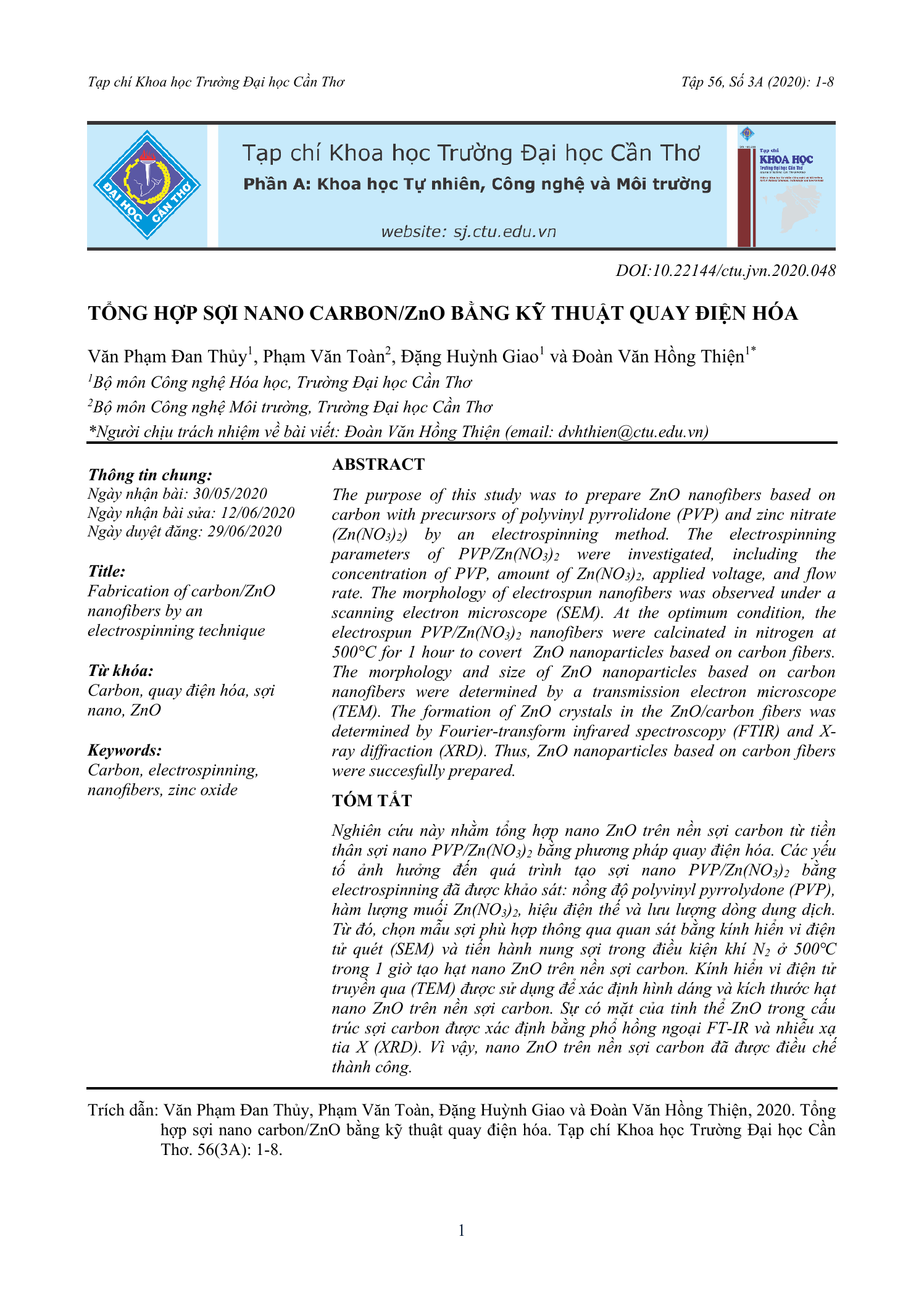 Tổng hợp sợi nano carbon/ZnO bằng kỹ thuật quay điện hóa