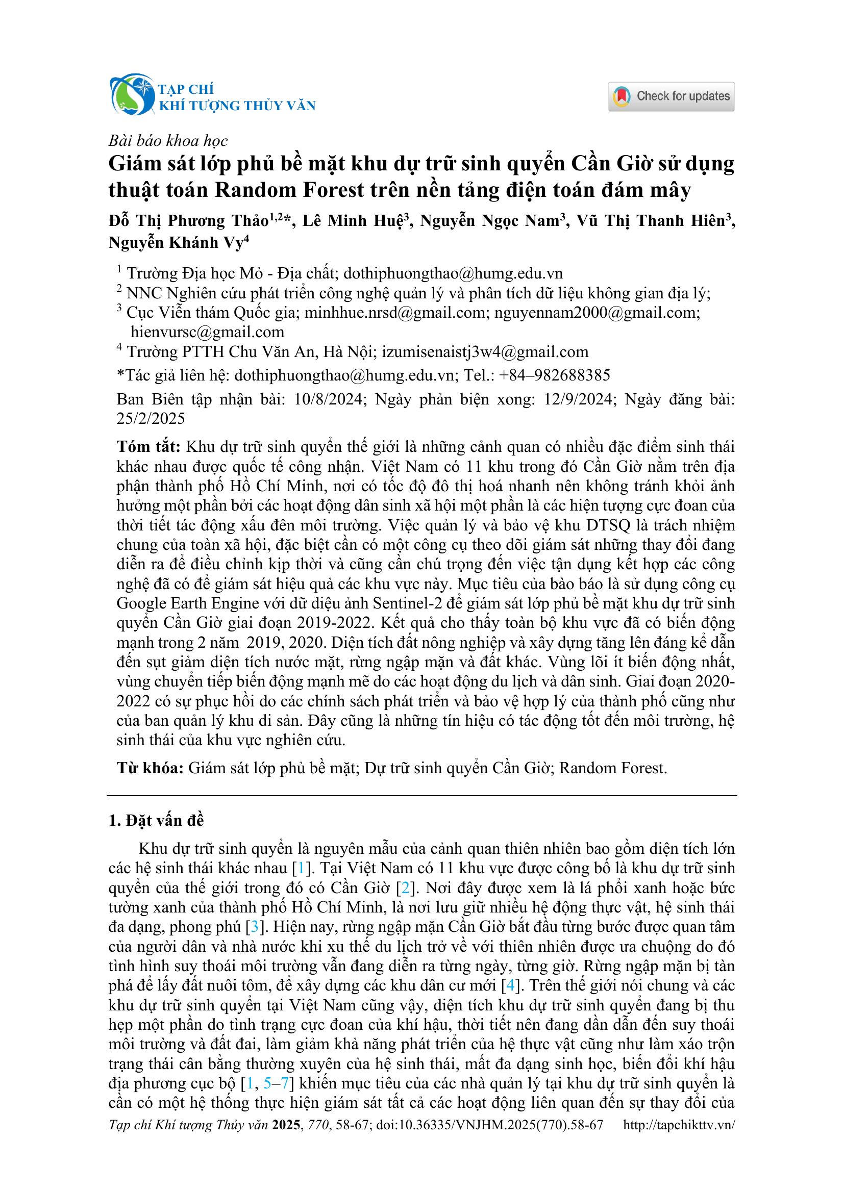 Giám sát lớp phủ bề mặt khu dự trữ sinh quyển Cần Giờ sử dụng thuật toán Random Forest trên nền tảng điện toán đám mây