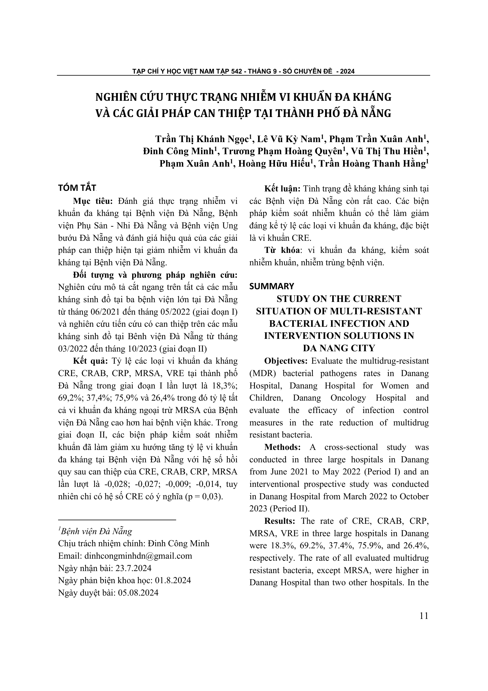 Nghiên cứu thực trạng nhiễm vi khuẩn đa kháng và các giải pháp can thiệp tại thành phố Đà Nẵng