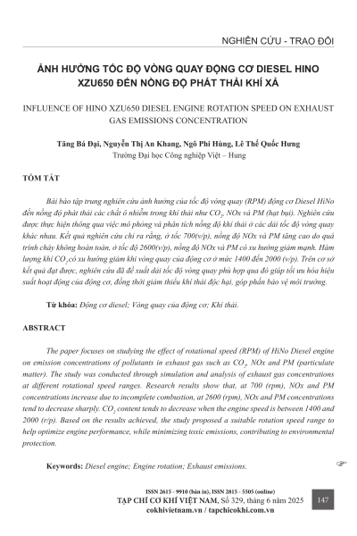 Ảnh hưởng tốc độ vòng quay động cơ Diesel Hino XZU650 đến nồng độ phát thải khí xả