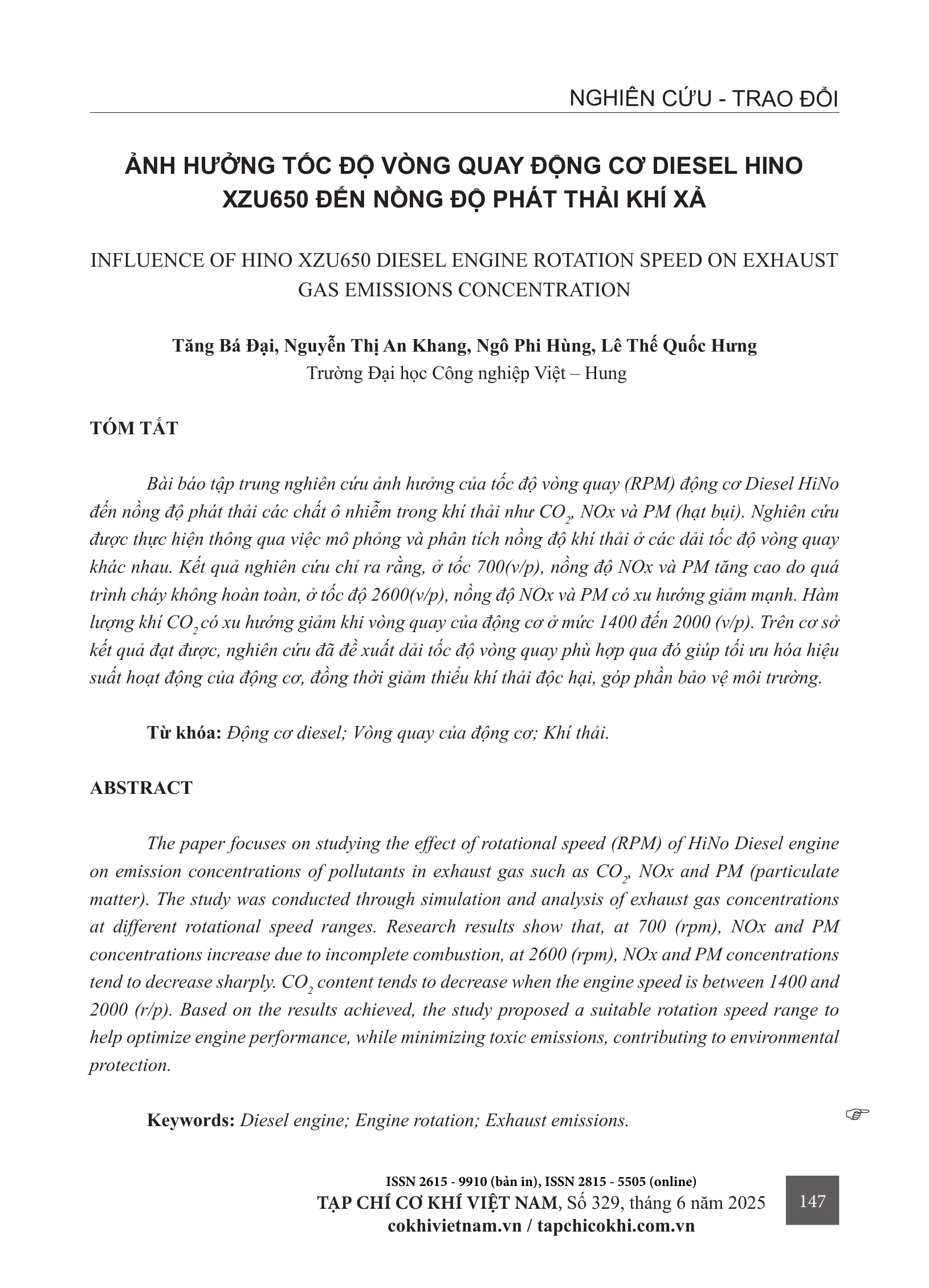 Ảnh hưởng tốc độ vòng quay động cơ Diesel Hino XZU650 đến nồng độ phát thải khí xả
