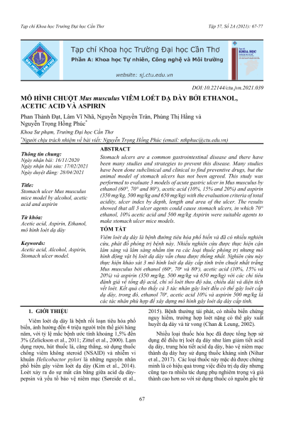 Mô hình chuột Mus musculus viêm loét dạ dày bởi ethanol, acetic acid và aspirin