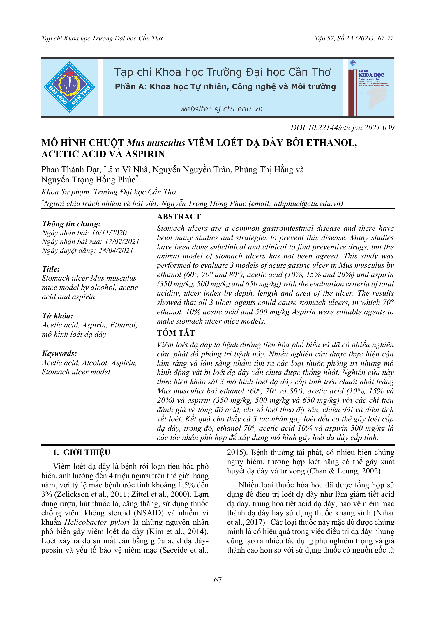 Mô hình chuột Mus musculus viêm loét dạ dày bởi ethanol, acetic acid và aspirin