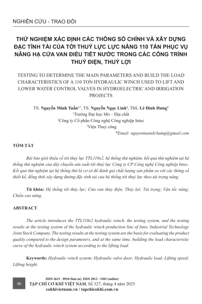 Thử nghiệm xác định các thông số chính và xây dựng đặc tính tải của tời thủy lực lực nâng 110 tấn phục vụ nâng hạ cửa van điều tiết nước trong các công trình thủy điện, thủy lợi