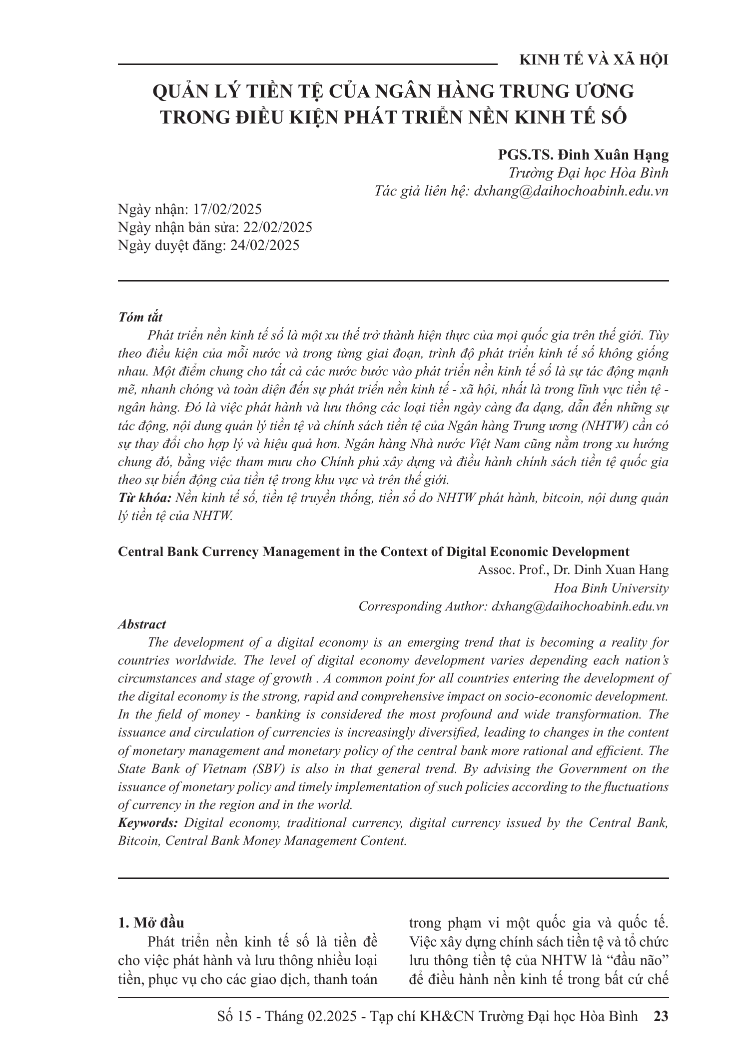 Quản lý tiền tệ của ngân hàng trung ương trong điều kiện phát triển nền kinh tế số