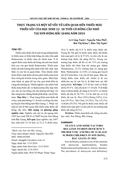Thực trạng và một số yếu tố liên quan đến thiếu máu thiếu sắt của học sinh 12-18 tuổi có hồng cầu nhỏ tại Sơn Động, Bắc Giang năm 2024
