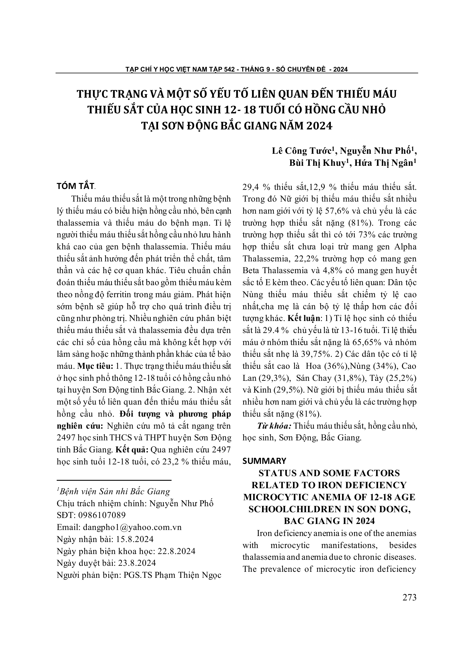 Thực trạng và một số yếu tố liên quan đến thiếu máu thiếu sắt của học sinh 12-18 tuổi có hồng cầu nhỏ tại Sơn Động, Bắc Giang năm 2024