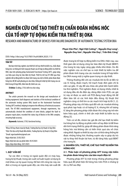 Nghiên cứu chế tạo thiết bị chẩn đoán hỏng hóc của tổ hợp tự động kiểm tra thiết bị OKA
