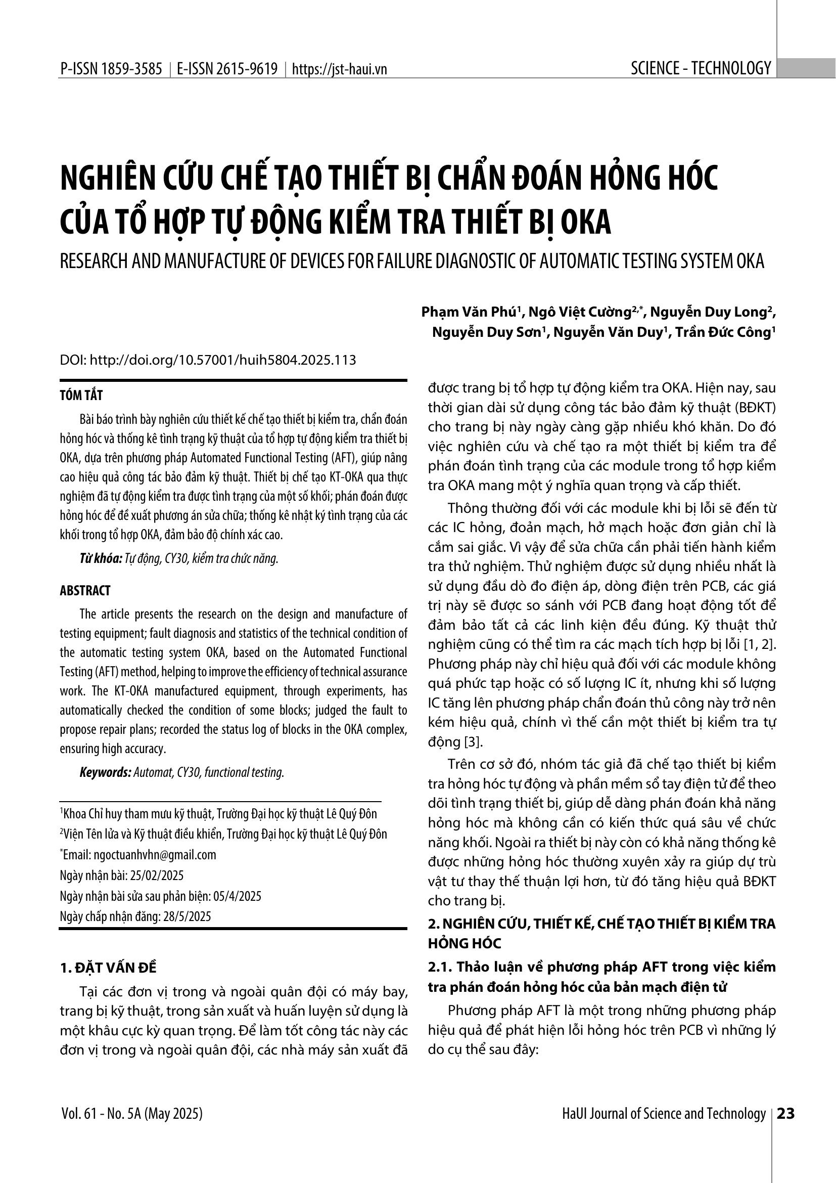 Nghiên cứu chế tạo thiết bị chẩn đoán hỏng hóc của tổ hợp tự động kiểm tra thiết bị OKA