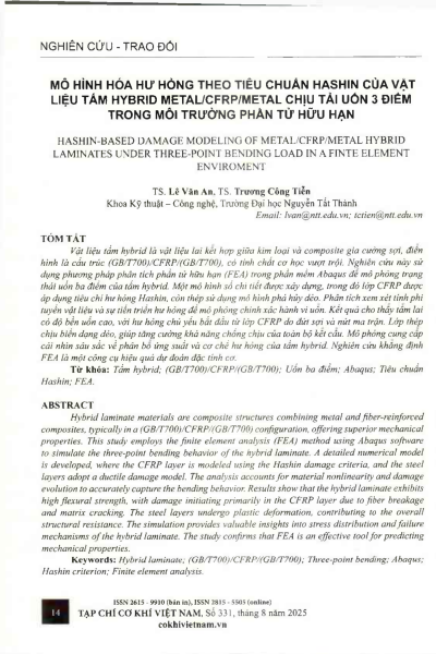 Mô hình hóa hư hỏng theo tiêu chuẩn Hashin của vật liệu tấm hybrid metal/CFRP/metal chịu tải uốn 3 điểm trong môi trường phần tử hữu hạn