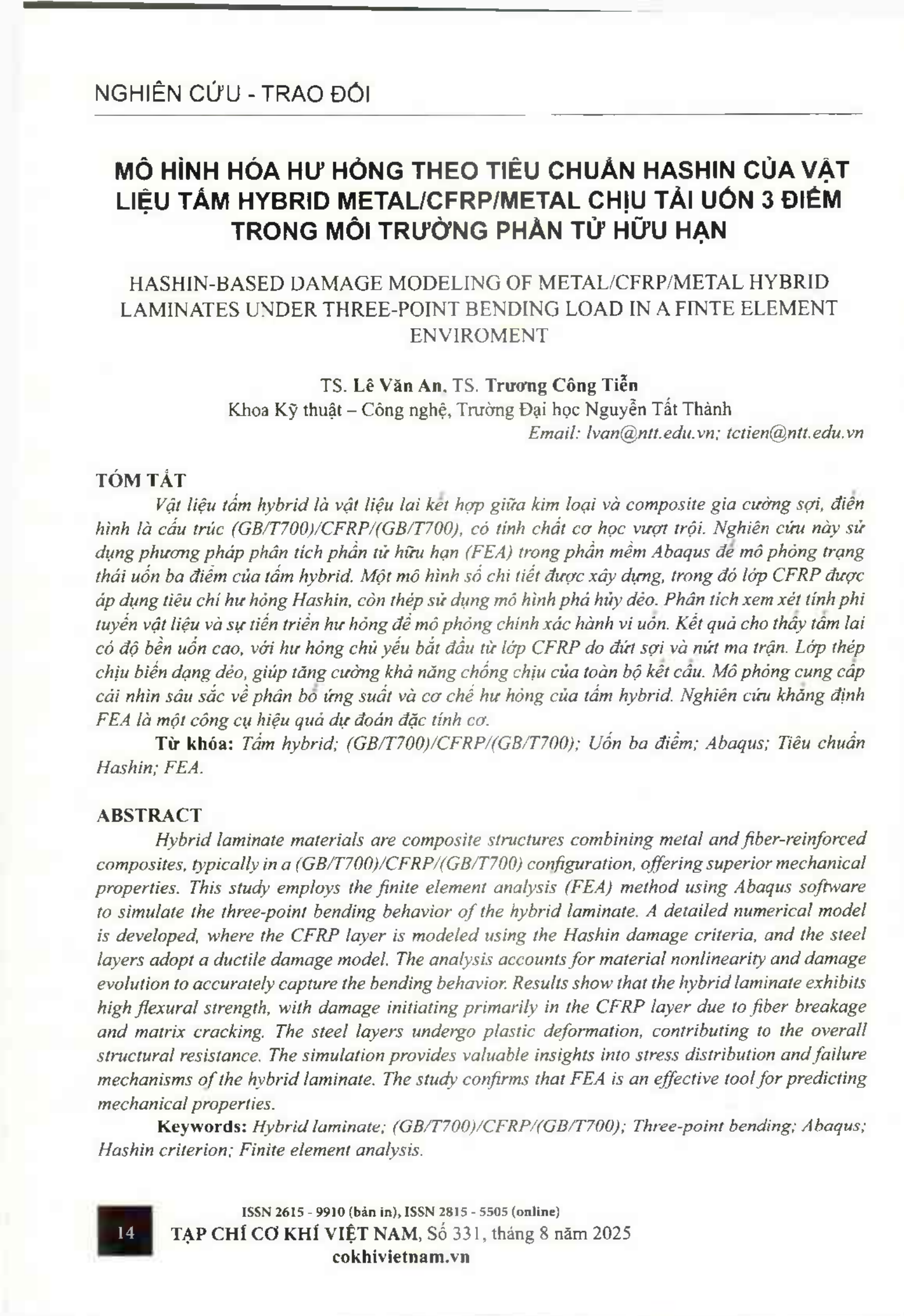 Mô hình hóa hư hỏng theo tiêu chuẩn Hashin của vật liệu tấm hybrid metal/CFRP/metal chịu tải uốn 3 điểm trong môi trường phần tử hữu hạn