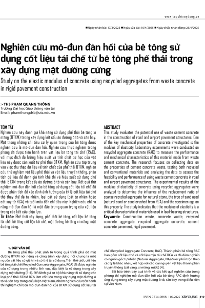 Nghiên cứu mô-đun đàn hồi của bê tông sử dụng cốt liệu tái chế từ bê tông phế thải trong xây dựng mặt đường cứng
