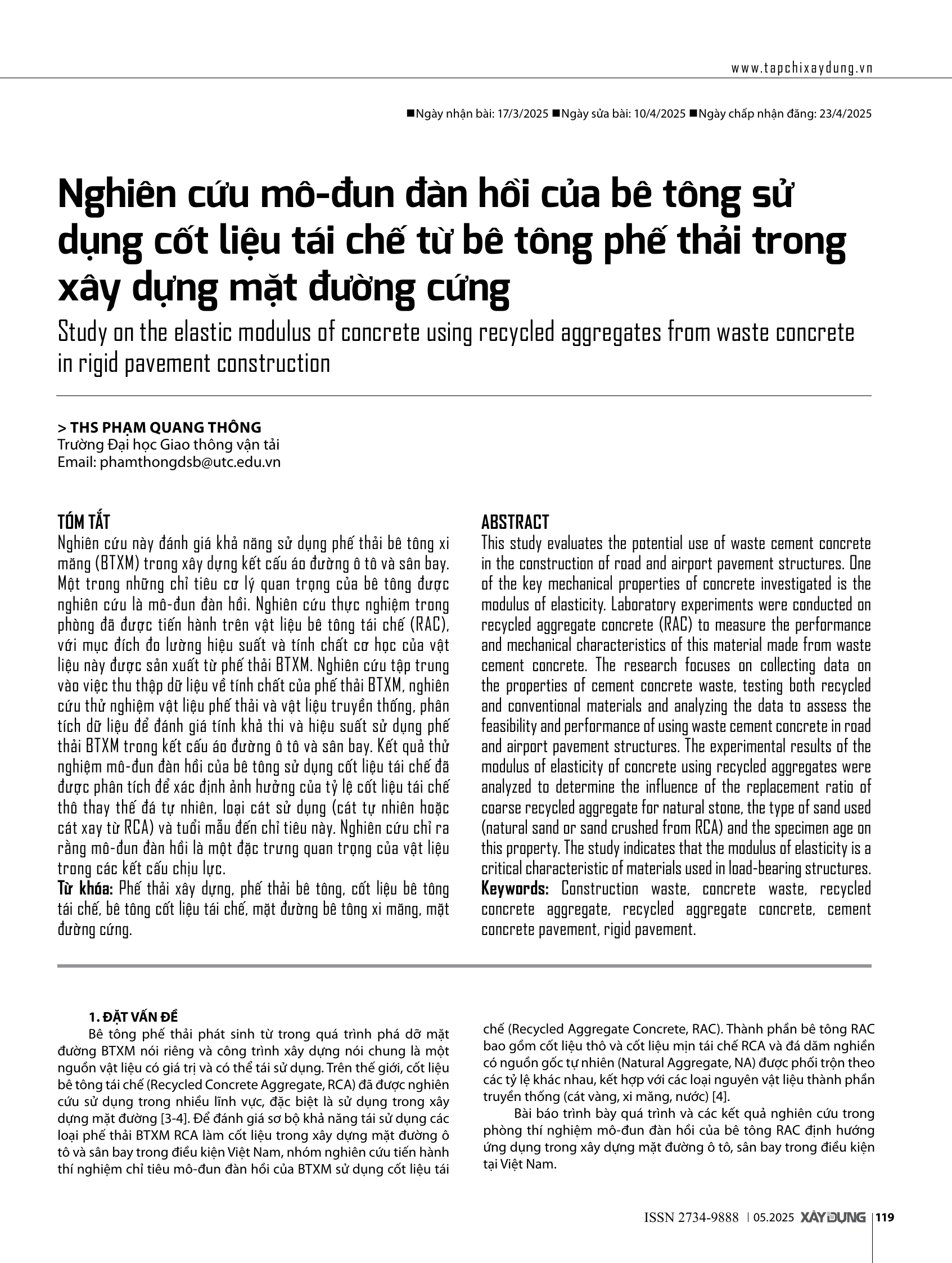 Nghiên cứu mô-đun đàn hồi của bê tông sử dụng cốt liệu tái chế từ bê tông phế thải trong xây dựng mặt đường cứng
