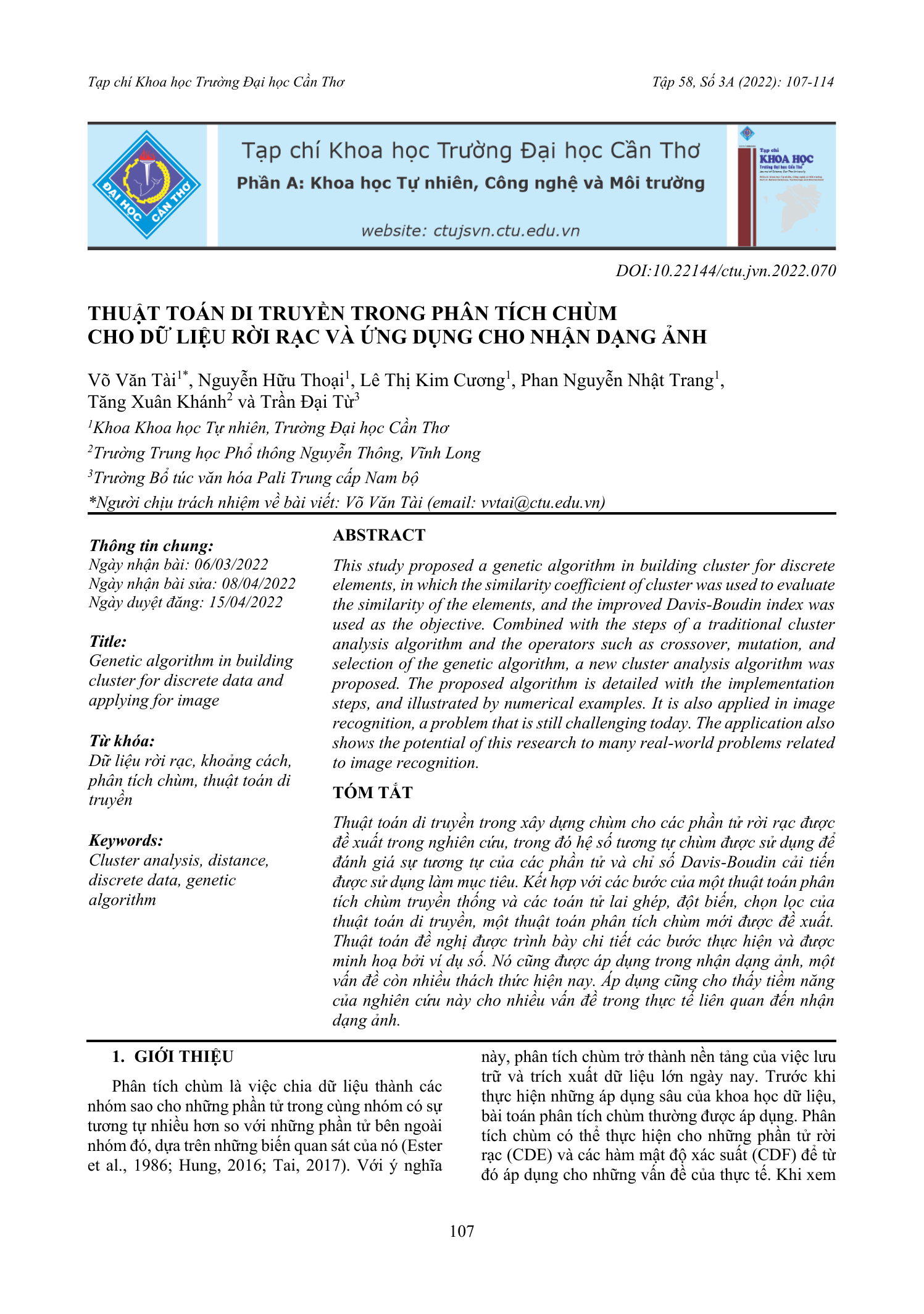 Thuật toán di truyền trong phân tích chùm cho dữ liệu rời rạc và ứng dụng cho nhận dạng ảnh