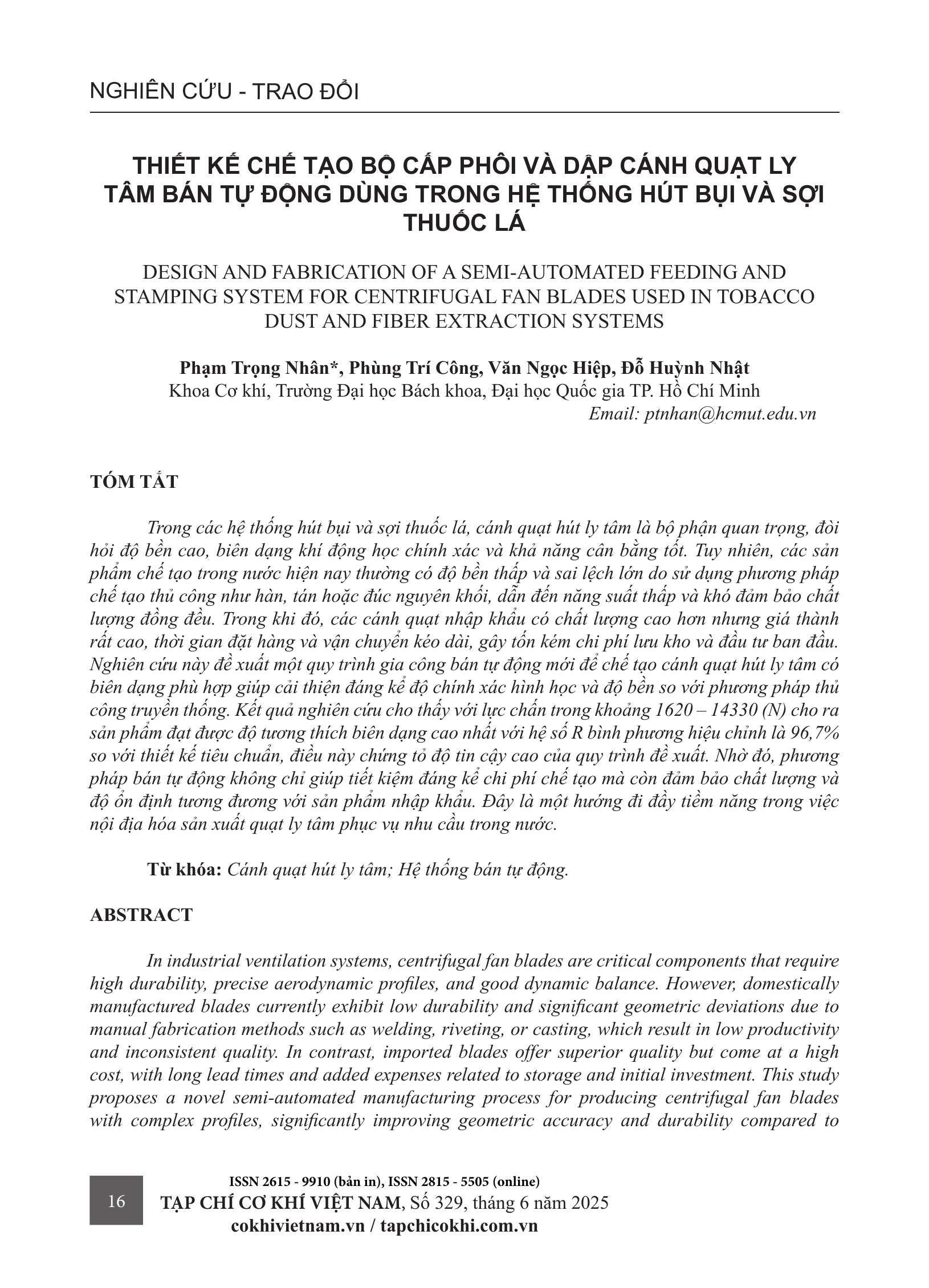 Thiết kế chế tạo bộ cấp phôi và dập cánh quạt ly tâm bán tự động dùng trong hệ thống hút bụi và sợi thuốc lá