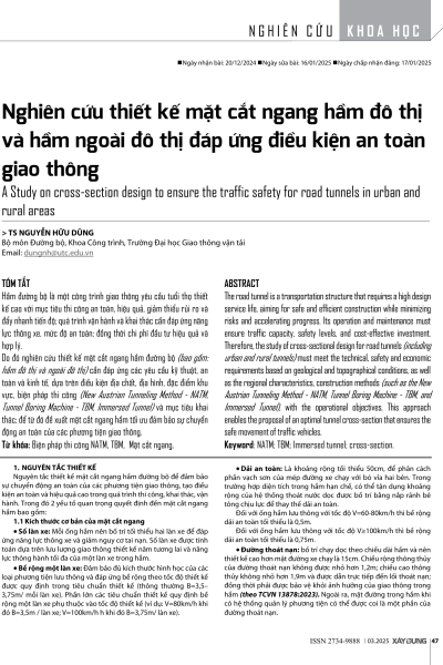Nghiên cứu thiết kế mặt cắt ngang hầm đô thị và hầm ngoài đô thị đáp ứng điều kiện an toàn giao thông