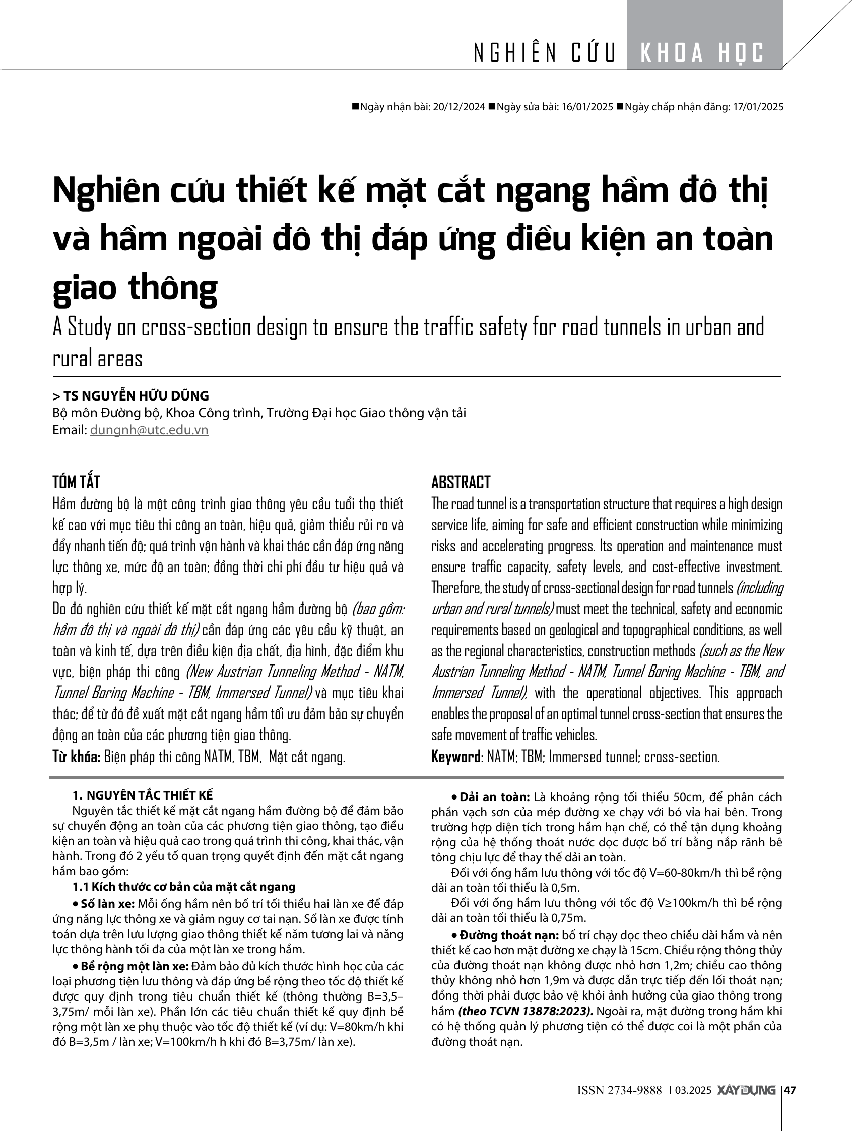 Nghiên cứu thiết kế mặt cắt ngang hầm đô thị và hầm ngoài đô thị đáp ứng điều kiện an toàn giao thông