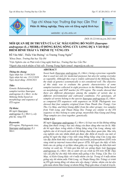 Mối quan hệ di truyền của các mẫu/giống bồ ngót (Sauropus androgynus (L.) Merr.) ở Đồng bằng sông Cửu Long dựa vào đặc điểm hình thái và trình tự vùng ITS