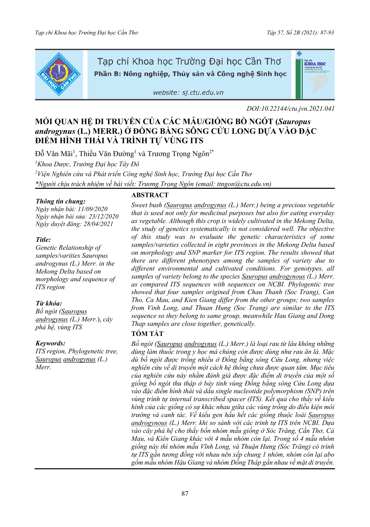Mối quan hệ di truyền của các mẫu/giống bồ ngót (Sauropus androgynus (L.) Merr.) ở Đồng bằng sông Cửu Long dựa vào đặc điểm hình thái và trình tự vùng ITS
