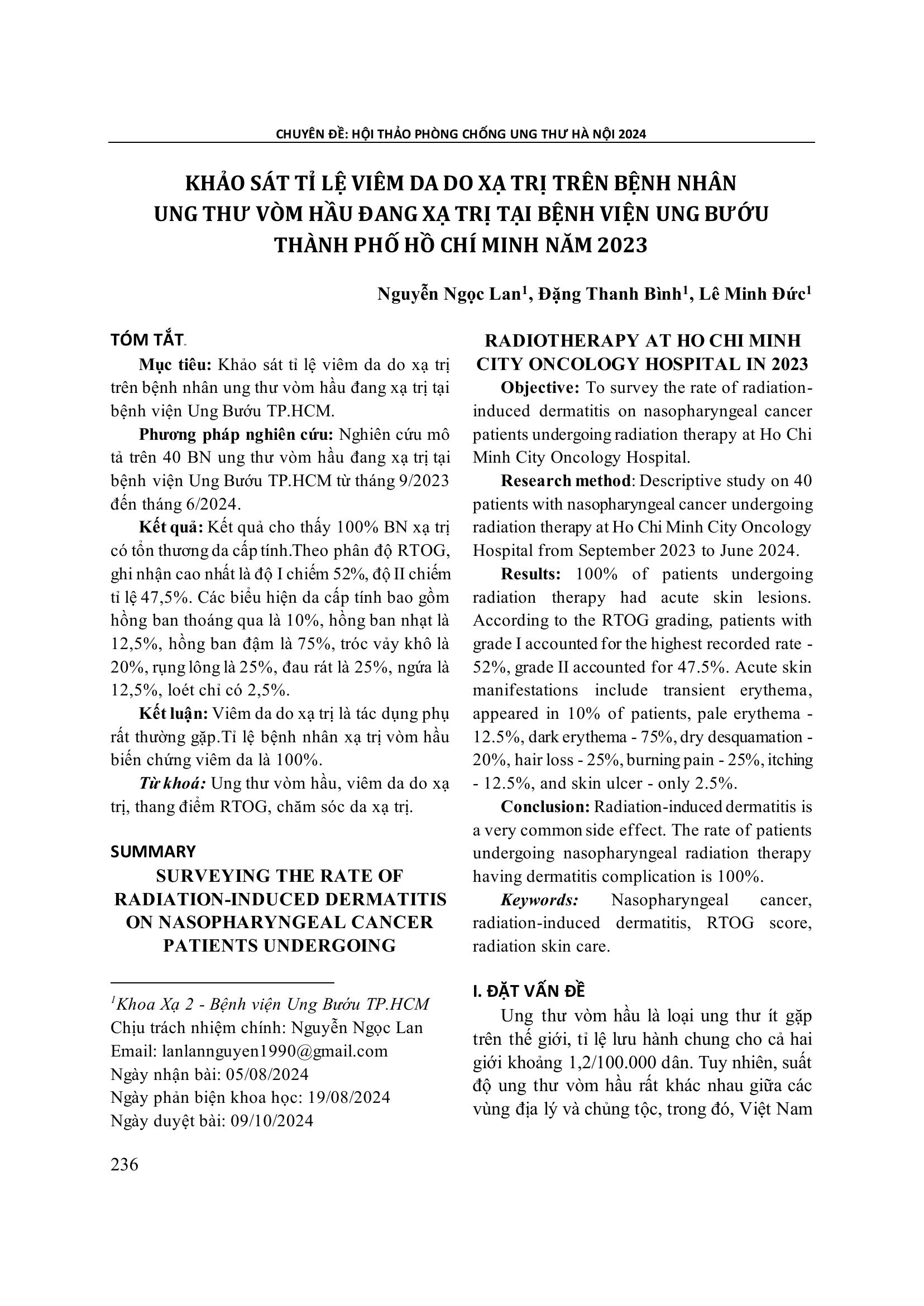 Khảo sát tỉ lệ viêm da do xạ trị trên bệnh nhân ung thư vòm hầu đang xạ trị tại bệnh viện Ung bướu thành phố Hồ Chí Minh năm 2023