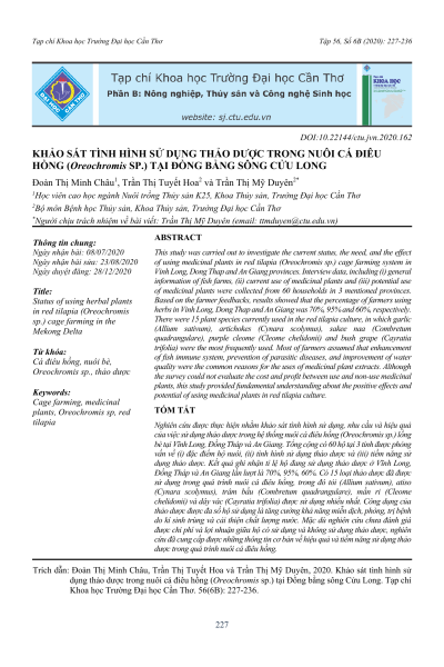 Khảo sát tình hình sử dụng thảo dược trong nuôi cá điêu hồng (Oreochromis sp.) tại Đồng bằng sông Cửu Long