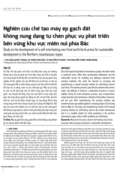 Nghiên cứu chế tạo máy ép gạch đất không nung dạng tự chèn phục vụ phát triển bền vững khu vực miền núi phía Bắc