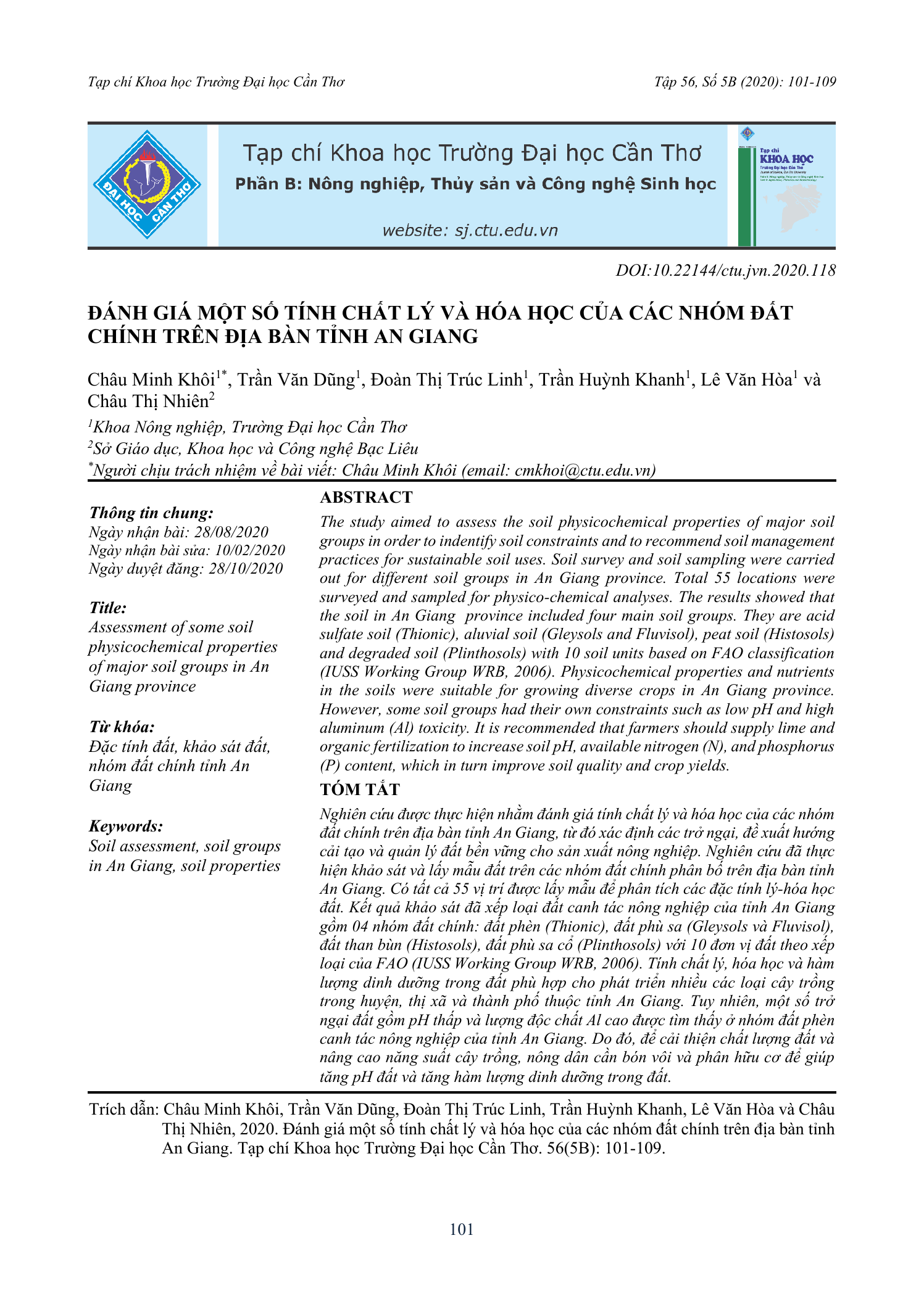 Đánh giá một số tính chất lý và hóa học của các nhóm đất chính trên địa bàn tỉnh An Giang