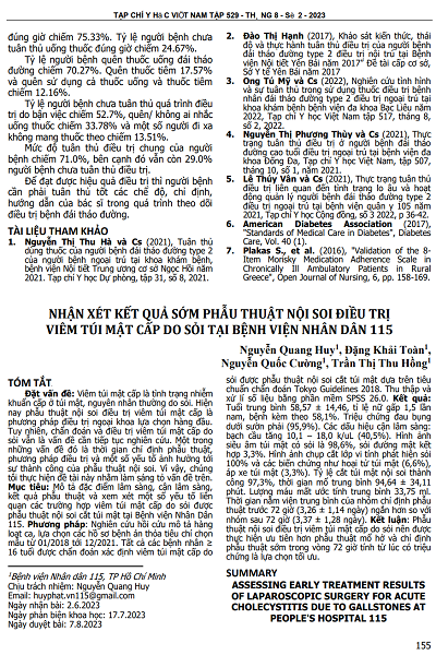 NHẬN XÉT KẾT QUẢ SỚM PHẪU THUẬT NỘI SOI ĐIỀU TRỊ VIÊM TÚI MẬT CẤP DO SỎI TẠI BỆNH VIỆN NHÂN DÂN 115