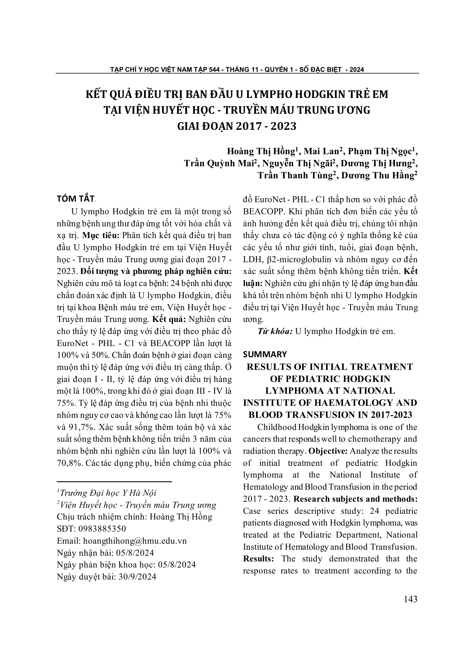 Kết quả điều trị ban đầu u lympho Hodgkin trẻ em tại Viện Huyết học - Truyền máu Trung ương giai đoạn 2017 - 2023
