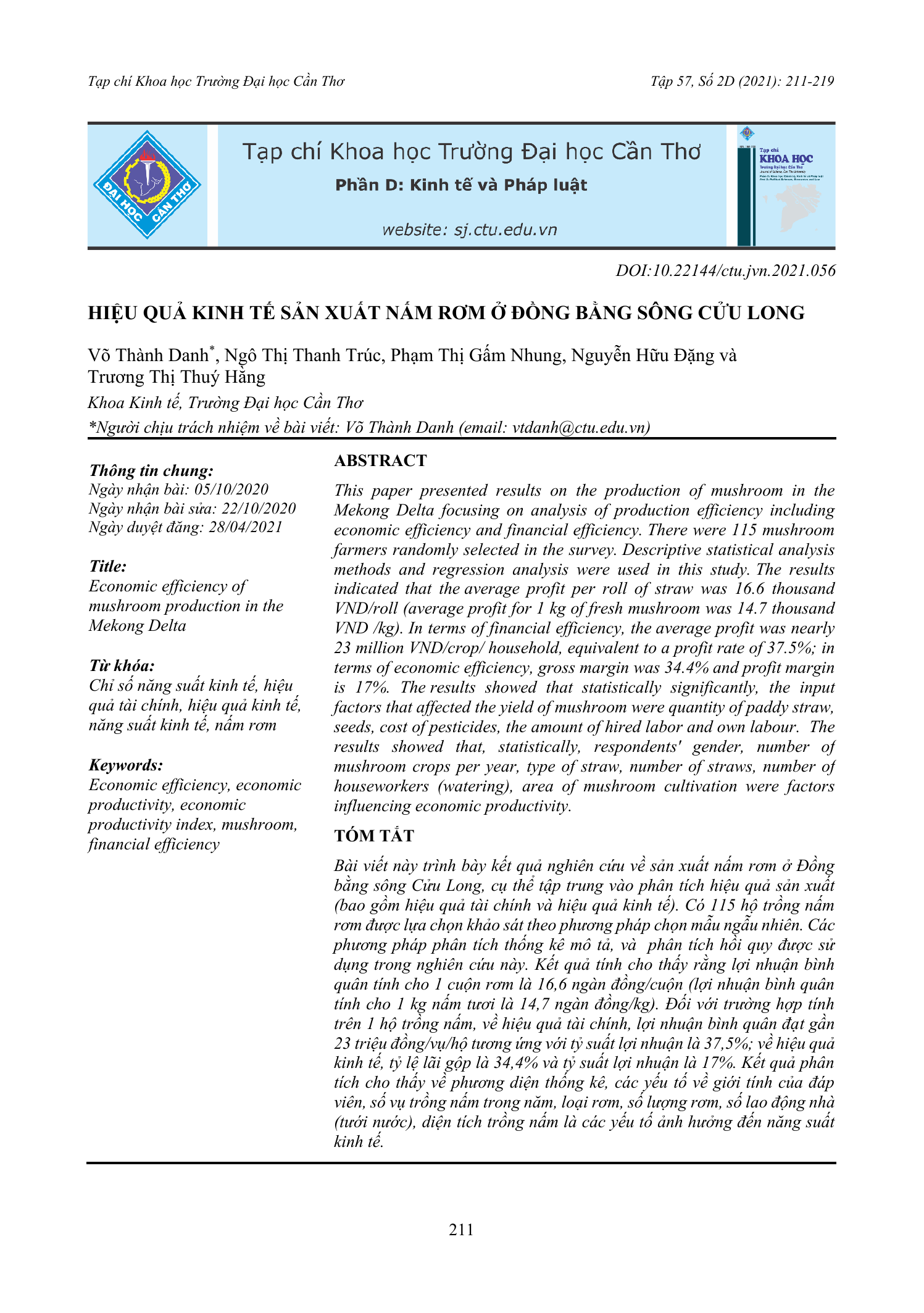 Hiệu quả kinh tế sản xuất nấm rơm ở Đồng bằng sông Cửu Long