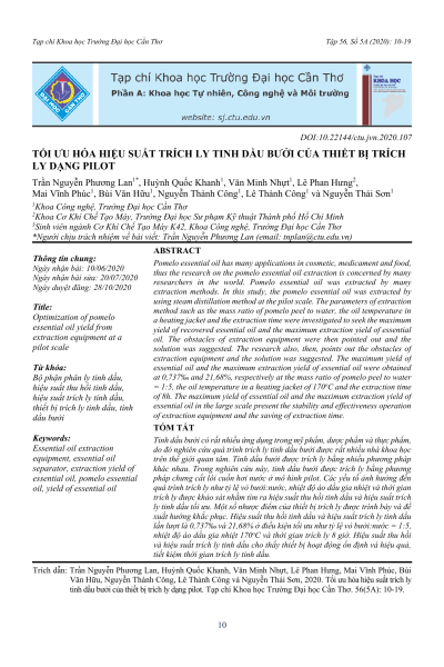 Tối ưu hóa hiệu suất trích ly tinh dầu bưởi của thiết bị trích ly dạng pilot