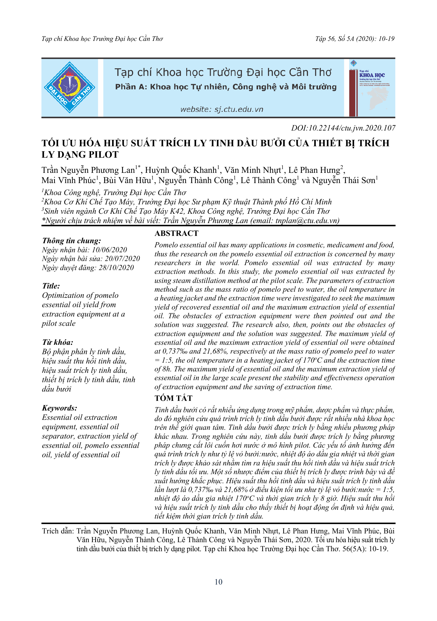 Tối ưu hóa hiệu suất trích ly tinh dầu bưởi của thiết bị trích ly dạng pilot