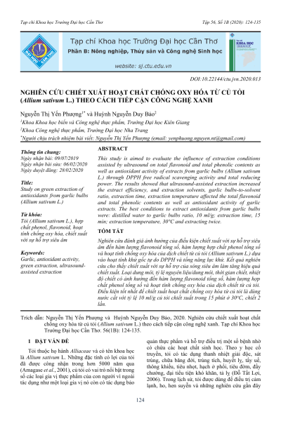 Nghiên cứu chiết xuất hoạt chất chống oxy hóa từ củ tỏi (Allium sativum L.) theo cách tiếp cận công nghệ xanh