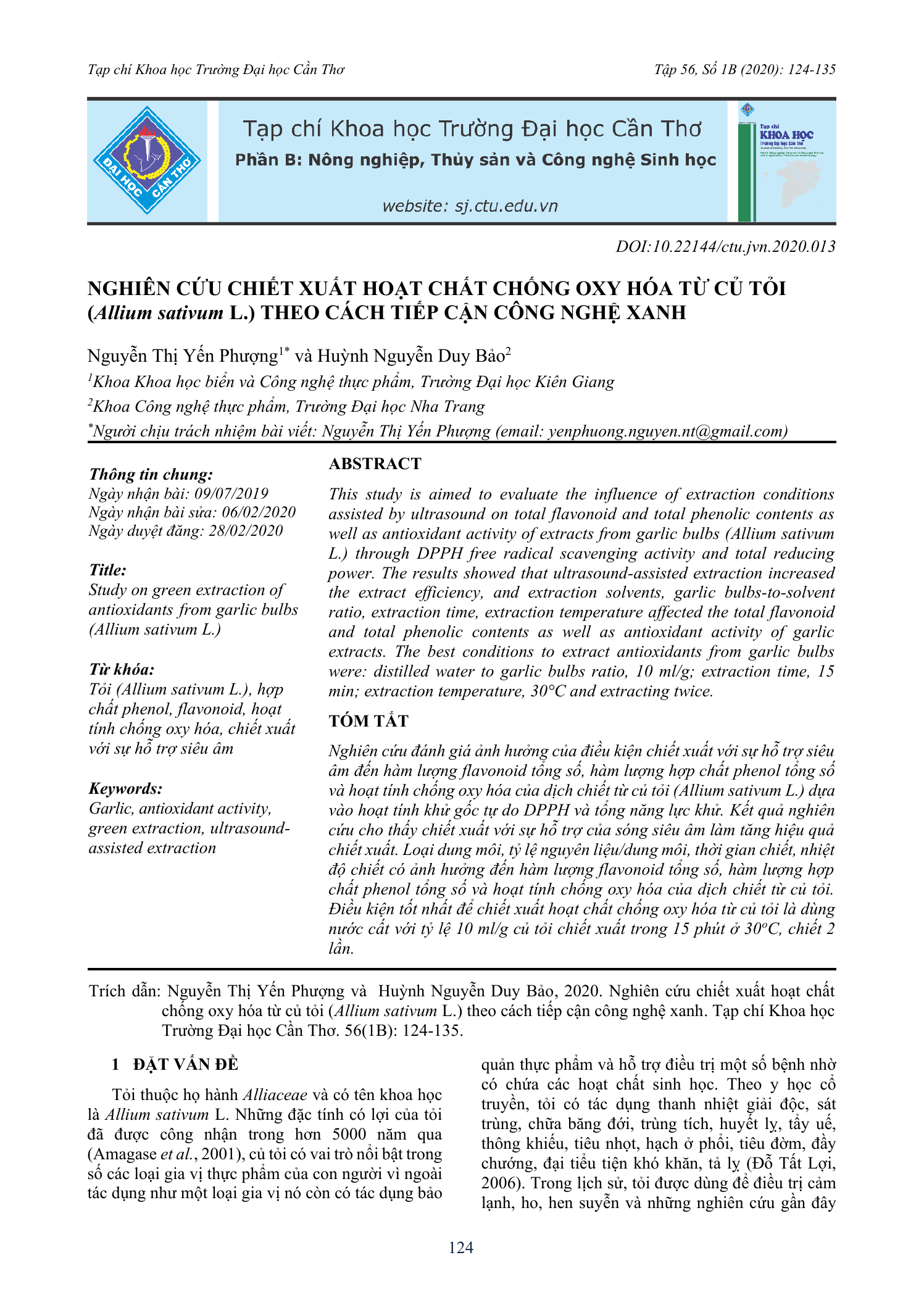 Nghiên cứu chiết xuất hoạt chất chống oxy hóa từ củ tỏi (Allium sativum L.) theo cách tiếp cận công nghệ xanh