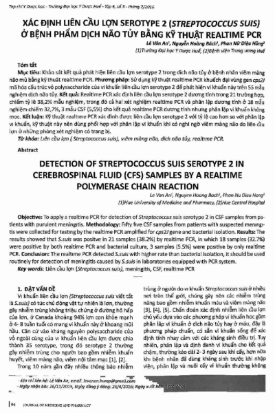 Xác định liên cầu lợn Serotype 2 (Streptococcus Suis) ở bệnh phẩm dịch não tủy bằng kỹ thuật Raeltime PCR