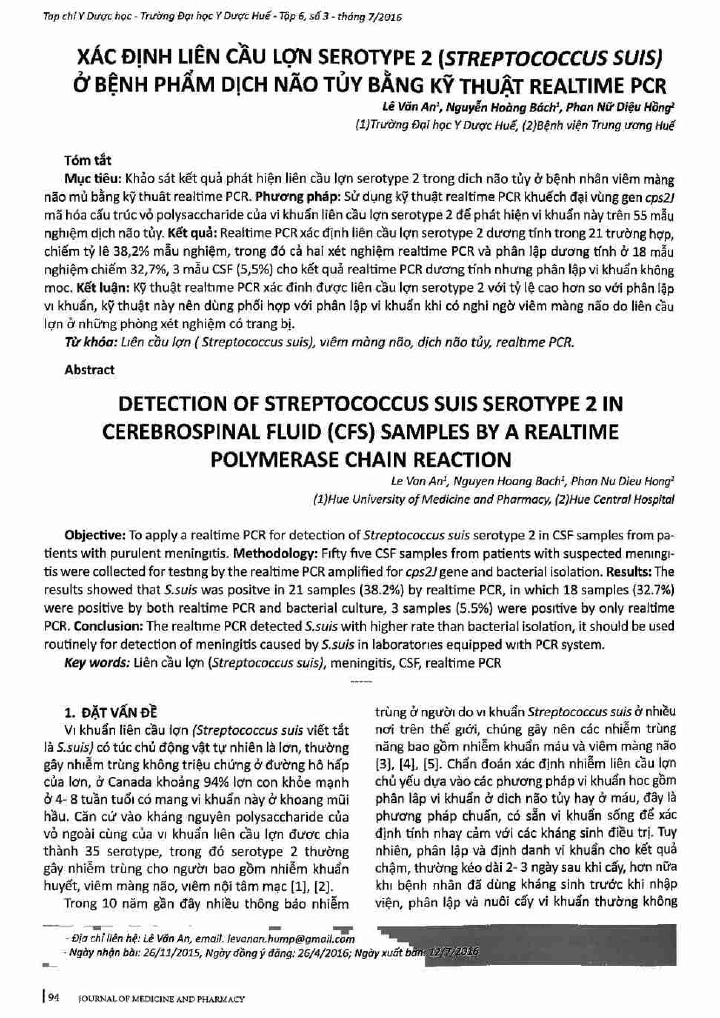 Xác định liên cầu lợn Serotype 2 (Streptococcus Suis) ở bệnh phẩm dịch não tủy bằng kỹ thuật Raeltime PCR
