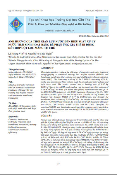 Ảnh hưởng của thời gian lưu nước đến hiệu suất xử lý nước thải sinh hoạt bằng bể phản ứng giá thể di động kết hợp cột lọc màng tự chế