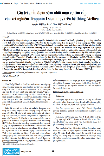 Giá trị chẩn đoán sớm nhồi máu cơ tim cấp của xét nghiệm Troponin I siêu nhạy trên hệ thống Atellica