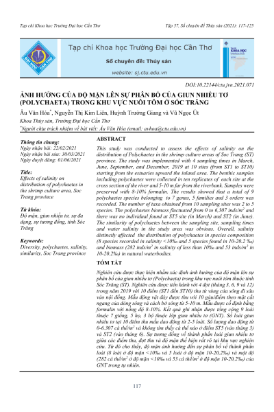 Ảnh hưởng của độ mặn lên sự phân bố của giun nhiều tơ (Polychaeta) trong khu vực nuôi tôm ở Sóc Trăng