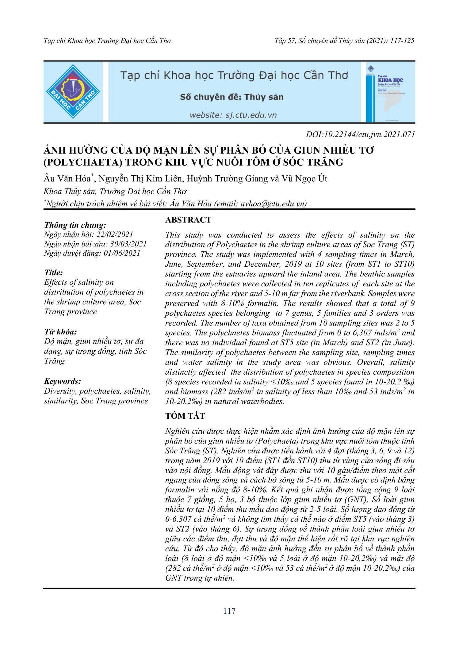 Ảnh hưởng của độ mặn lên sự phân bố của giun nhiều tơ (Polychaeta) trong khu vực nuôi tôm ở Sóc Trăng